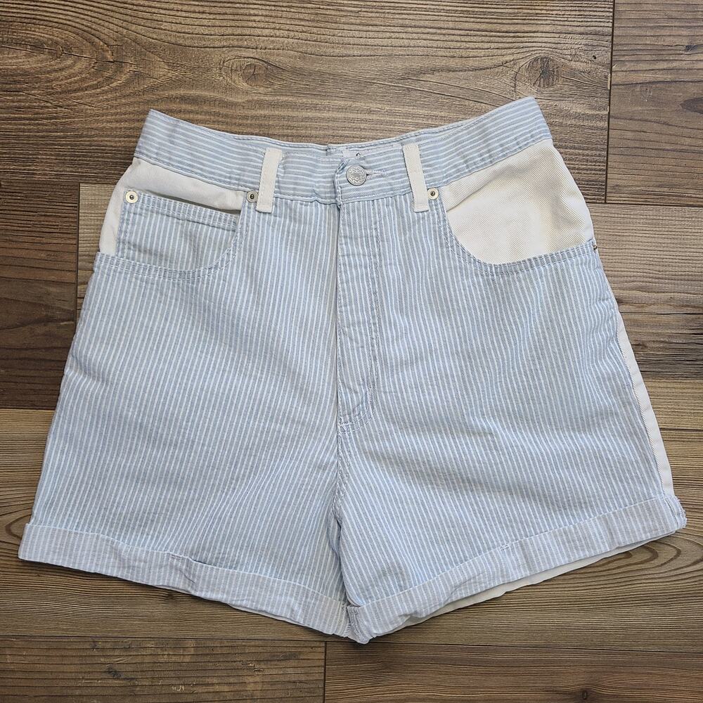 Vintage Lerner Jean Short Womens 10 High Rise PinStripe ColorBlock 80s USA Denim